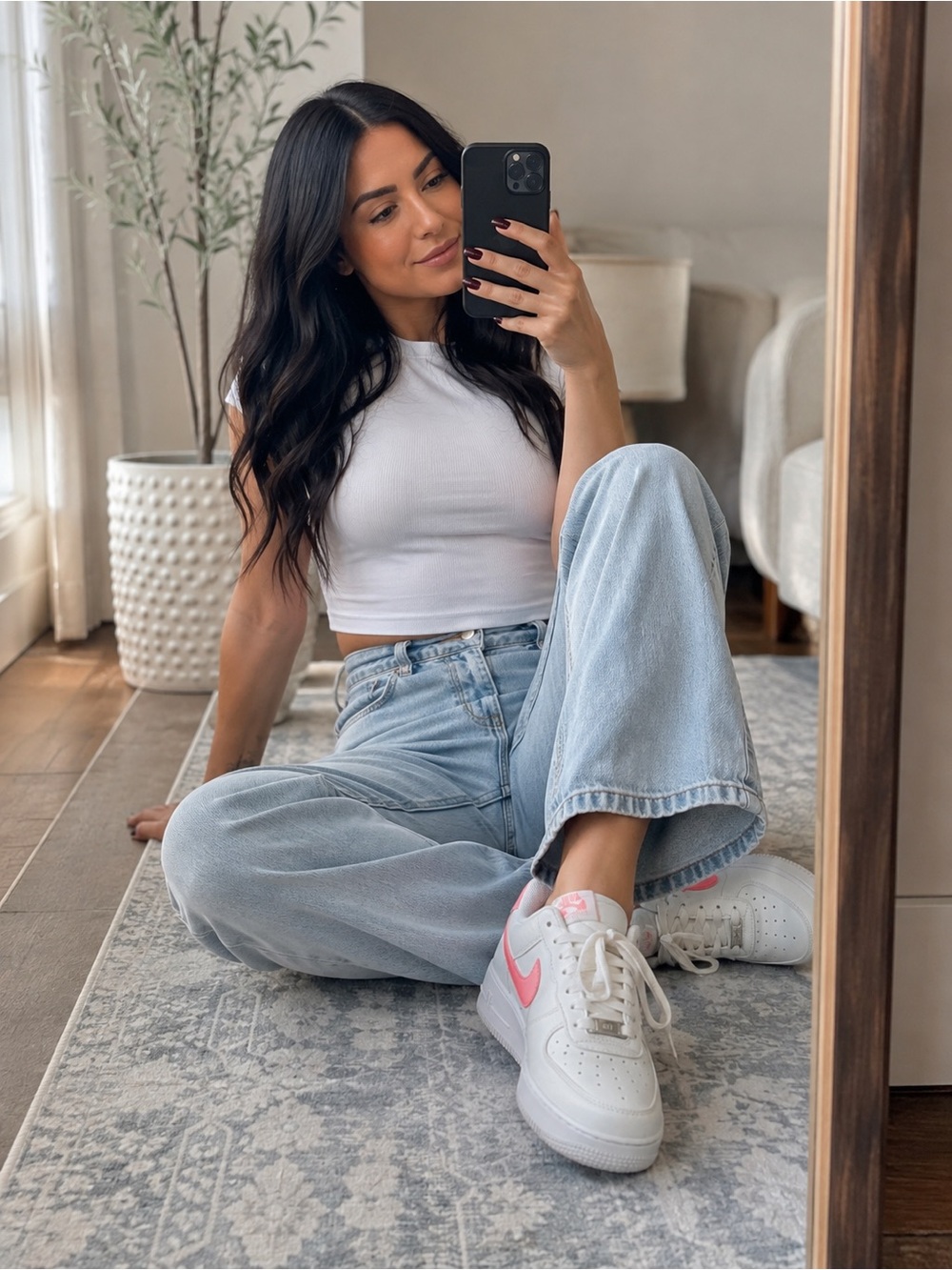 Nike White Sneakers with Neon Coral Swoosh